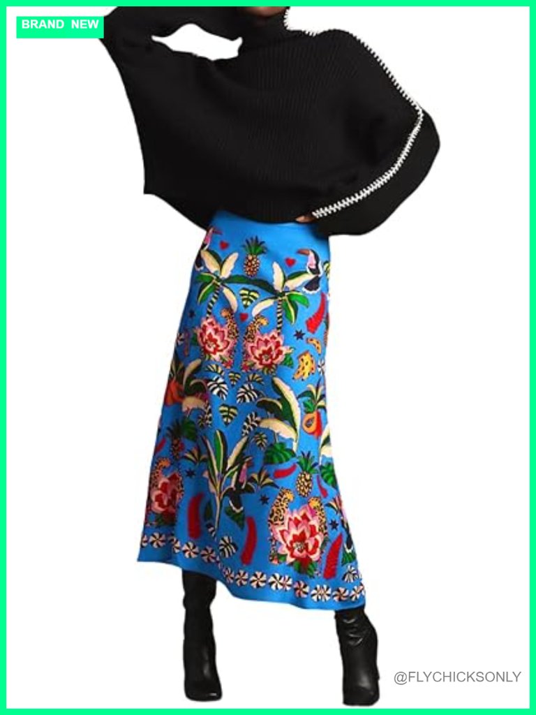 Womens Tropical Plant Print Skirt Midi A-Line High Waist Zipper